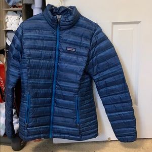 blue patagonia down jacket